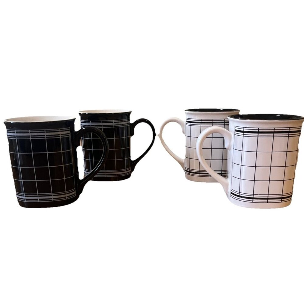 Vintage Takahashi Japan San Francisco Black & White Plaid Mugs Set Of 4 - Picture 1 of 8